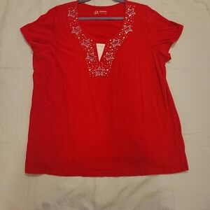 Holiday patriotic red white & blue embellished short sleeve shirt womens 1X